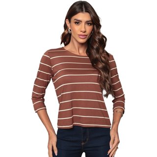 Blusa Manga 3/4 Dellamarca Listrada Marrom