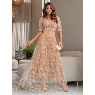 Vestidos de Festa Longo Manga Curta Decote Quadrado Bege