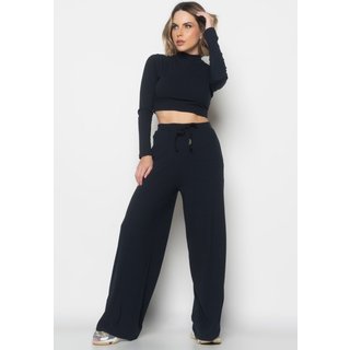 Conjunto Comfy Cropped Manga Longa e Calça Wide Leg Canelado Salvatore Fashion Preto