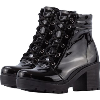 Bota Coturno Lumiss Salto Médio Cano Baixo Verniz Preto