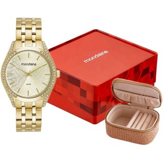 Kit Relógio Feminino Dourado Estampa Delicada Porta-Jóias Mondaine