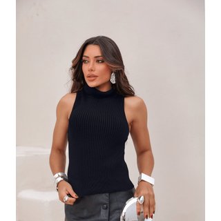 Blusa Regata Cherry Line Sem Mangas Gola Alta Tricot Trança Azul Marinho