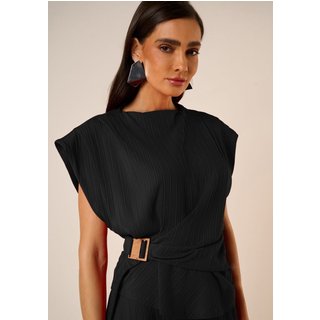 Blusa Maria Valentina Ajustada Decote Canoa Manga Curta Padrão Preto
