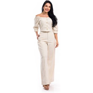Conjunto Restrito Jeans Cropped e Calça Pantalona de Linho - AREIA