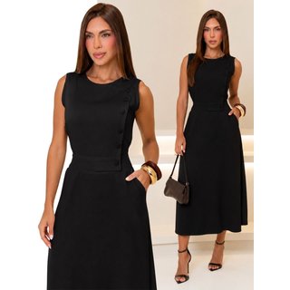Vestido Feminino Longo Alfaiataria Divina Gata Botões e Bolso - Preto