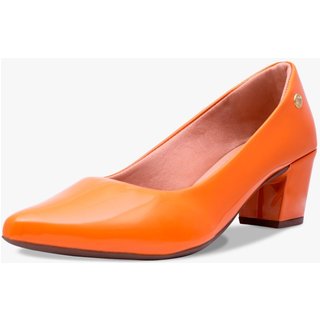 Scarpin Feminino Takata Salto Bloco Baixo Bico Fino Verniz Laranja