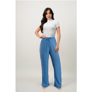 Calça Feminina Sh Fashion Pantalona Em Poliester Cintura Alta Cor Azul