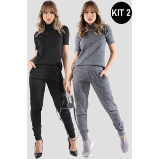 Kit 2 Conjuntos Canelado Manga Curta 4 Estações Blusa Canelada Calça Jogger Cintura Alta Liso Preto/Cinza