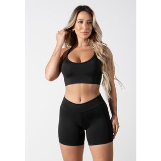 Conjunto Feminino Fitness Top alça fina e Short Curto Suplex Lisa Treino Academia 4 Estações Preto
