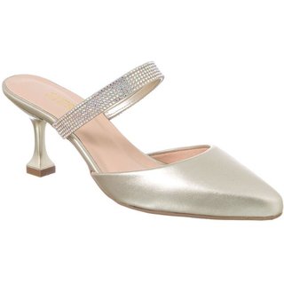 Scarpin Mule Salto Taça Baixo Bico Fino Com Brilho Strass Metalizado Dourado
