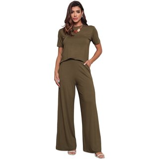 Conjunto Dellamarca Calça Pantalona e Blusa Manga Curta Prime Musgo