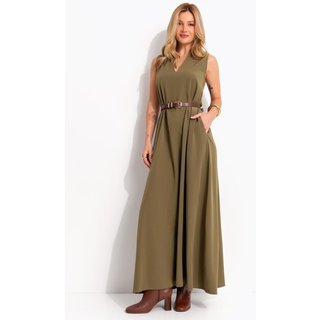 Vestido Longo Evasê Verde Oliva Com Bolsos E Gola Padre - Quintess Quintess