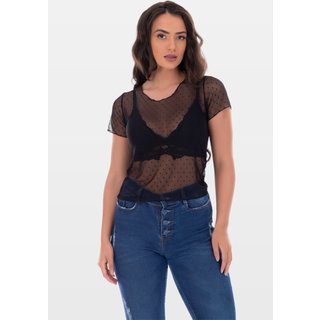 Blusa Tshirt Tule Transparente Fristyle Manga Curta Preto Lisa