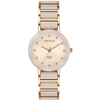 Relógio Feminino Analógico Cerâmica Cristais Rosa Seculus