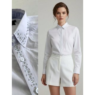 Camisa Social Feminina Linha de Strass Premium com Strass na Gola e Peito Branca | Blusa de Luxo Manga Longa Elegante