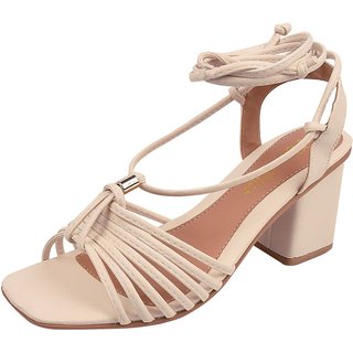 Sandália Salto Alto Grosso Bloco Bico Quadrado Gladiadora Moda Primavera Verão Tirinha Amarração Branca