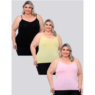Kit 3 Peças Regata Plus Size Feminina Básica Viscolycra Alcinha Fina Leve estilo Casual GARAIS MODA moda Verão Preto Amarelo Rosa