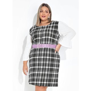 Vestido Mangas Bufantes Plus Size Xadrez Preto Marguerite