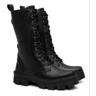 Coturno Feminino Veritimo Tratorado Bota Cano Médio Casual Amarrar Elegante Conforto Preto
