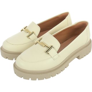 Sapato Feminino Mocassim Tratorado Donatella Shoes Bico Redondo Confort Off White