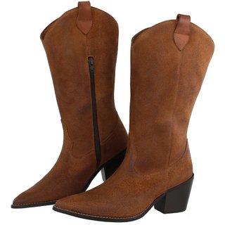 Bota Texana Country Em Couro Feminina Bico Fino Maria Paula Caramelo