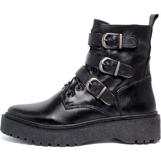 Bota Coturno Feminino Ferrile em Couro Com Fivelas e Ziper Preto Preta