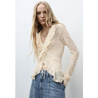 Camisa Feminina Mango Renda Floral Babados Off-white