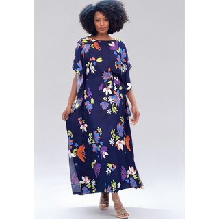 Vestido Amazonia Vital Kaftan Viscose Longo Estampa Festa das Flores Azul