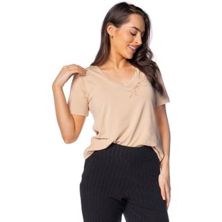 Camiseta Feminina Olho Fatal Gola V Estampa Pássaros Bege