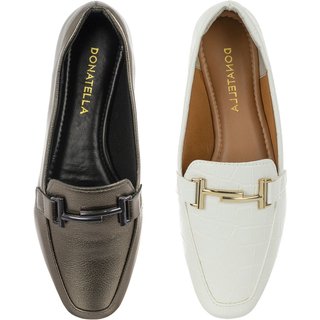 Kit 2 Pares Sapato Feminino Mocassim CM Calçados Bico Quadrado Confort Branco Croco e Prata Velho