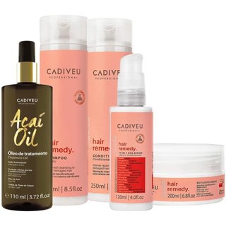 Kit Cadiveu Essentials Hair Remedy Shampoo Condicionador Máscara Leave-in e Açaí Oil 110 (5 produtos)