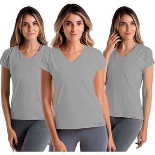 Kit 3 Camisetas Femininas Básicas Gola V Cinza Viscolycra
