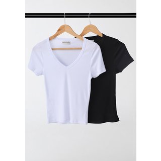 Kit Blusa Manga Curta Feminina Lança Perfume Decote V Preta e Branca