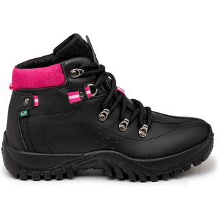 Coturno Feminino Bota Adventure Com Solado Costurado Preto Rosa