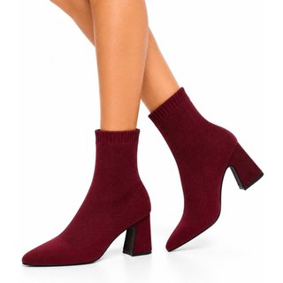 Bota Feminina de Cano Curto Estilo Meia Salto Grosso 184000 Vinho