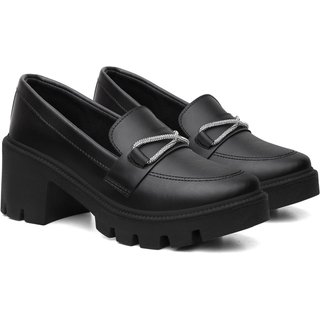 Mocassim Feminino Veritimo Sapato Casual Salto Baixo Grosso Confortável Versátil Preto