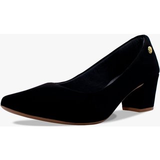 Scarpin Feminino Takata Salto Baixo Bloco Grosso Bico Fino Nobuck Preto