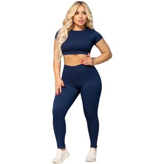 Conjunto Legging e Cropd Manguinha Vih Triny Canelado Poliéster Moda Fitness Academia