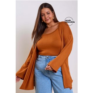 Conjunto Feminino Regata e Cardigan Leve Marialícia Marrom
