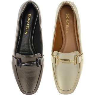 Kit 2 Pares Sapato Feminino Mocassim CM Calçados Bico Quadrado Confort Ouro Light e Prata Velho