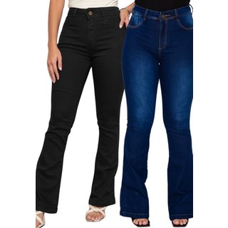 KIT 2 Calça Flare Feminina Ethereal Jeans Cintura Alta Azul Manchado Preto