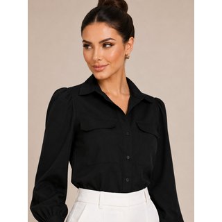 Camisa em Tricoline Lapetry Feminina com Bolso Lapela Manga Longa Preta Elegante