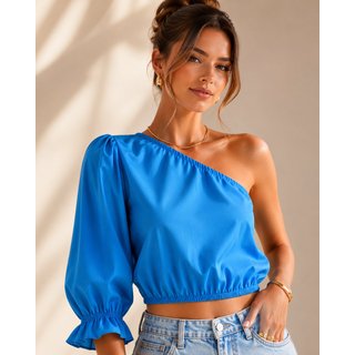 Blusa Feminina Ombro Curta Manga Bufante Lapetry Azul Premium Elegante Casual Fashion