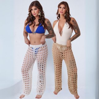 Kit 2 Calça Tricô Saída De Praia Feminina Pantalona Luxo Tendencia Branco-Bege