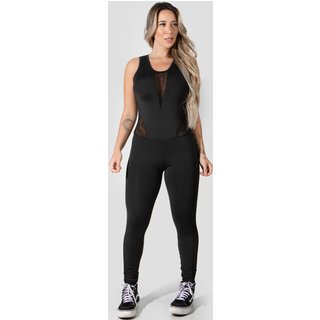 Macacão 4 Estações Tela Fitness Com Decote Esporte Academia Longo Preto