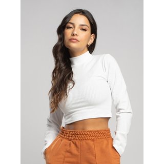 Blusa Cropped Vicbela Gola Alta Manga Longa Ribana Canelada Branco