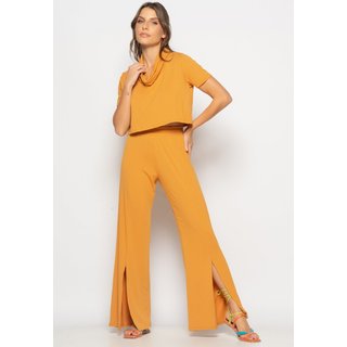 Conjunto Cropped Golão E Calça Fenda Frontal Malha Salvatore Caramelo