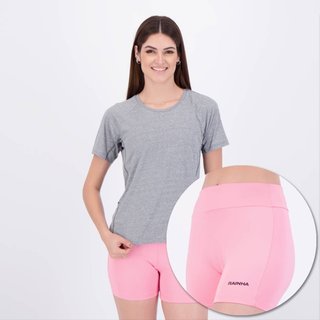 Conjunto Camiseta com Bolso e Bermuda Rainha Feminino Cinza e Rosa