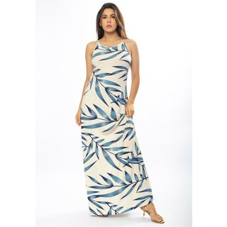 Vestido Longo Amazônia Vital Malha Trapézio Estampa Bambu Azul