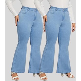 Kit 2 Calça Flare Plus Size Feminina Tex Jeans Boca de Sino Cintura Alta Modeladora com Elastano Azul Claro